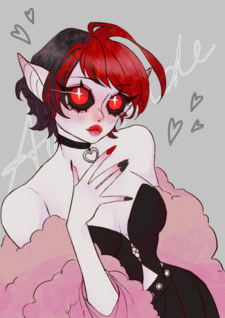 Adelaide A charcter with black and red hair and bat ears looking slightly up. She has big ruby red eyes and is wearing a big fluffy coat over a sleeveless top and skirt.