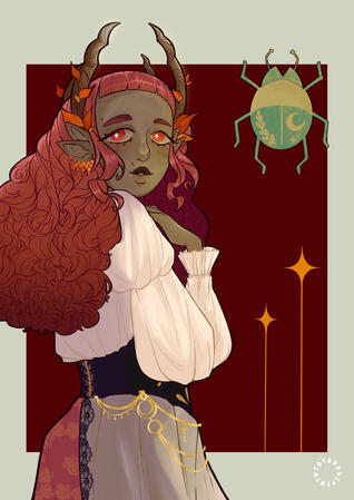Artfight 2026 Eshmara Illustration of Eshmara, a character belonging to the artist hortensjjja. She has long, curly red hair, 2 pairs of pointed ears, 2 pair of wood-like horns and green-ish skin. They are looking over their shoulder at the viewer. They are wearing a creme colo