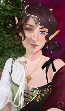 You VS Cartoon Toon Me Commission example. The left half is a photo of a fem presenting person in larp wearing a dark brown wig, elf ears, dressed in a ren faire outfit. The right half is their larp character with the same dark brown hair, blue eyes, a red blouse and bla