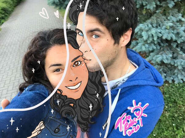 Couple Toon Me Commission example of a couple. The left and right parts are the original photo while the middle is a painted version of the couple.