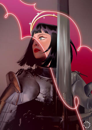 ToonMe Toon Me commission example of a fem presenting person in armor holding up a sword
