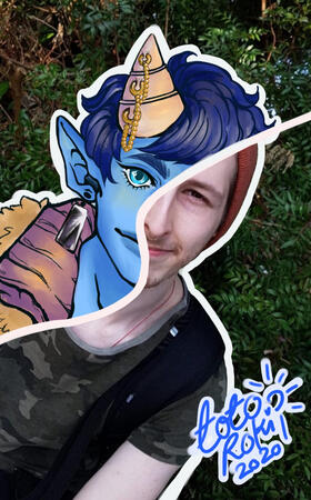 You VS OC Toon Me Commission example. One half is a photo of a person wearing a tshirt while the other half is their D&D character, a blue skinned tiefling with a big horn and pointed ear.