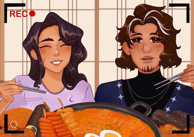 Illustration of 2 people with dark hair infront of a big spread of food including a ramyeon pot, kimbap and korean chicken