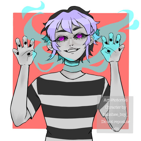Banshee Illustration for Banshee Boy. The character has dark hair and purple bangs. Their skin is gray and the detached head is floating above the neck.
