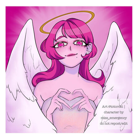 Emiko Illustration of Emiko, a character belonging to Miss_emergency. She has pink hair, light pink skin and pink eyes. She is wearing a halo and has angel wings. Emiko is forming a heart with her fingers and is smiling at the viewer.