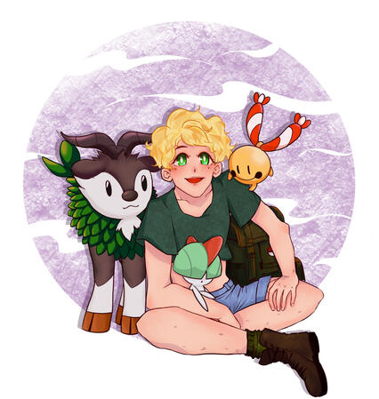 Billy PKMN A blonde character in a crop top sitting on the ground surrounded by pokemon