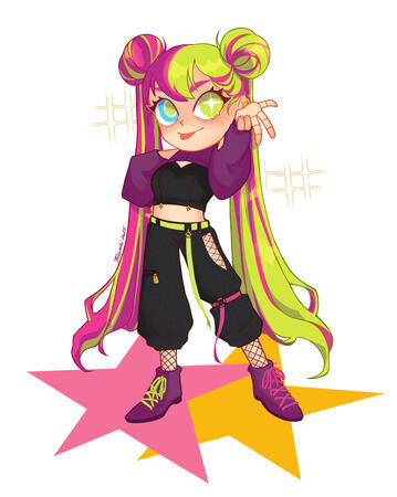 Artfight2025 Chibi illustration of a character with long hair split in green and pink