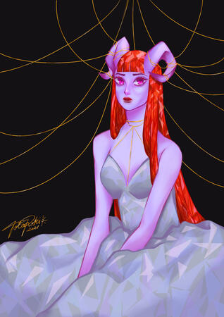 Tiefling Illustration of a tiefling/demon woman with long red hair, purple skin, and a set of curled horns. She is wearing a big sleeveless dress.